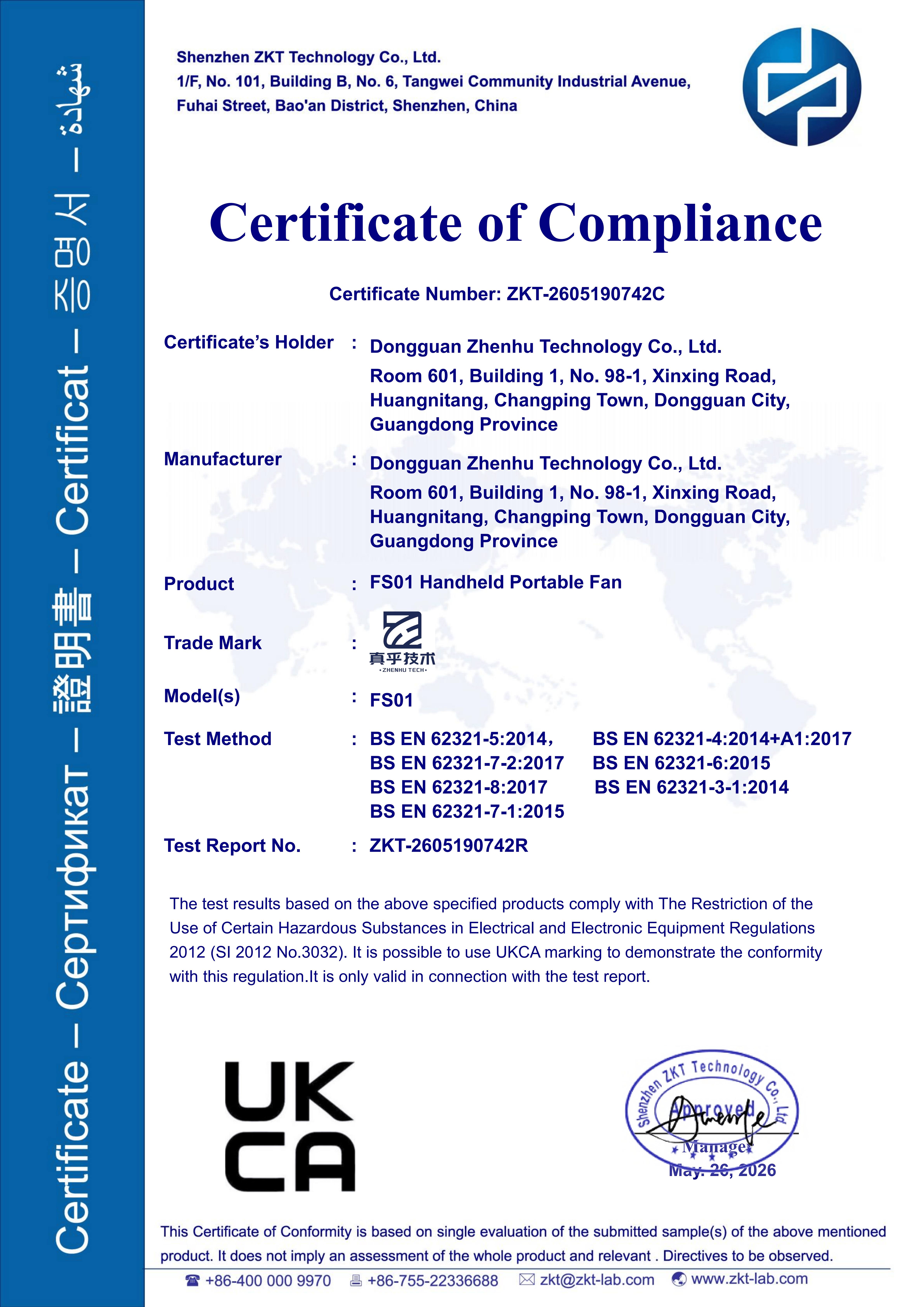 Handheld Mini Fan- UKCA & RoHS Certificate